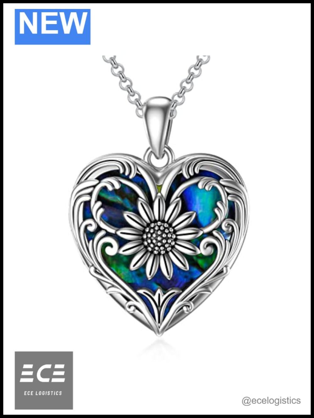 Sterling Silver Sunflower Necklace with Opal Heart Pendant Adjustable 18+2